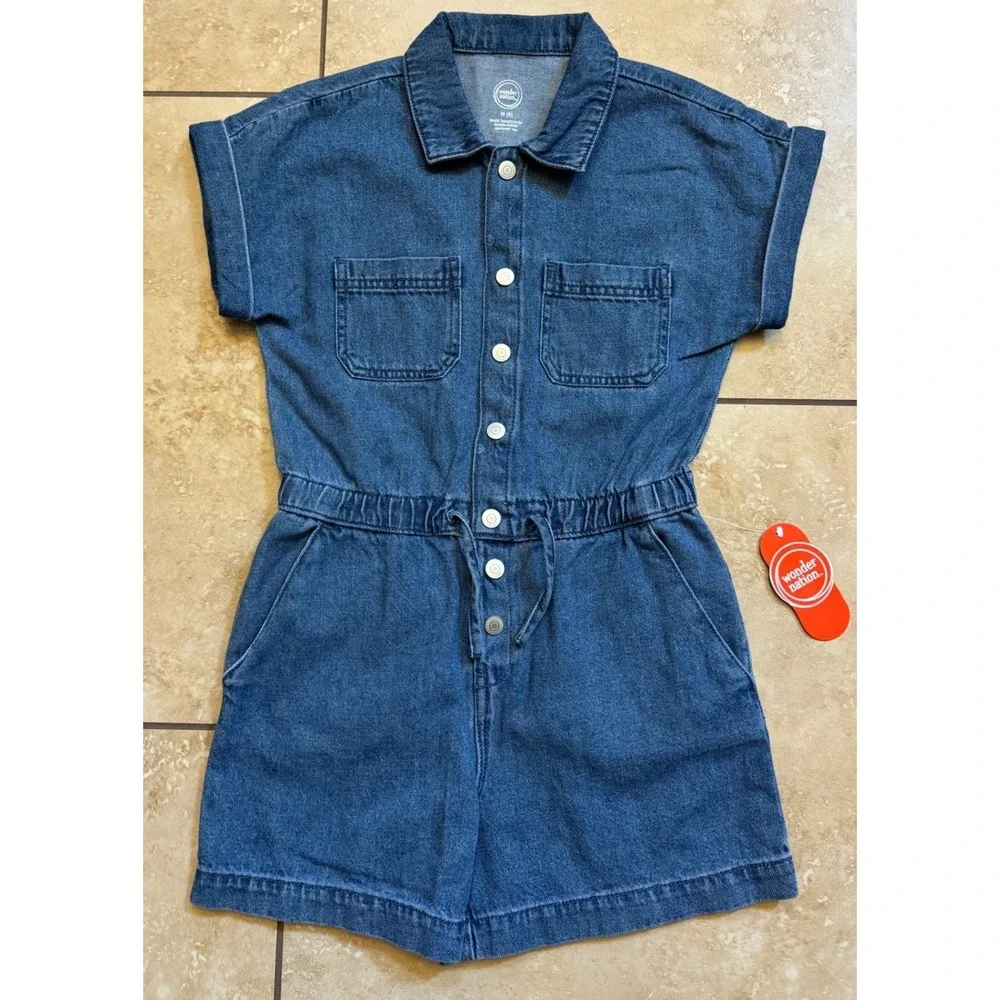 Wonder Nation Denim Romper Girls M 8 Blue Utility Snap Front Short Sleeve‎ NEW